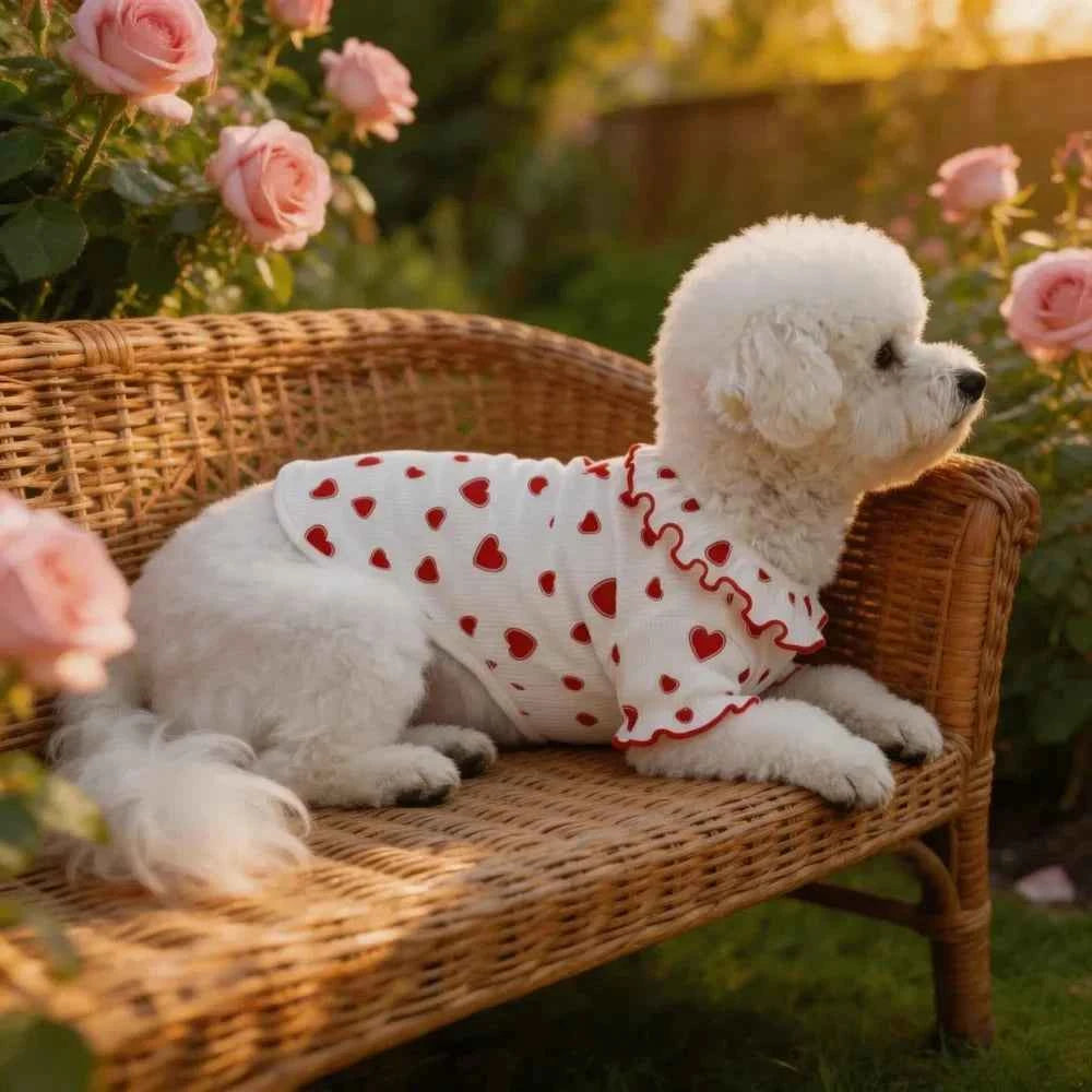Ruffle Trim Heart Print Dog Clothes for Small Dogs, Soft Summer Puppy Shirt for Teddy Bichon, Cute Pet for Daily Walking Party