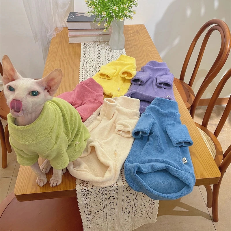 Fleece Coat for Sphynx Cat Warm Sweatshirt 4-legged Jumpsuit for Kittens Dogs soft Loungewear for Male Cat Devon Rex Sweater - Play Paws Toys