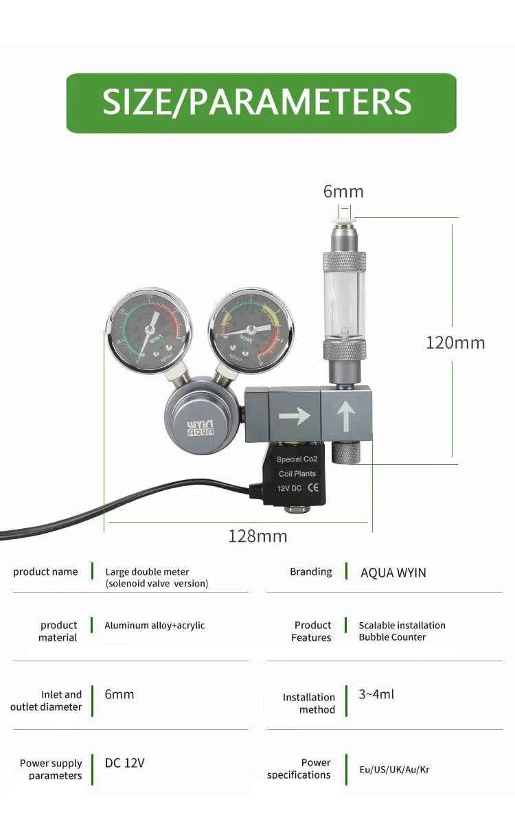 Aquarium CO2 regulator Dual meter solenoid valve Quick plug foam recorder  control system Fish tank CO2 pressure reducing valve