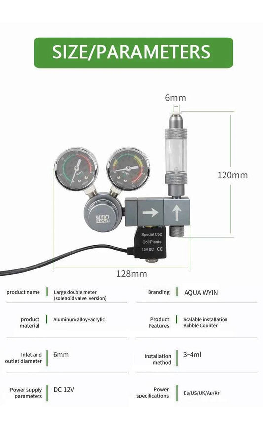 Aquarium CO2 regulator Dual meter solenoid valve Quick plug foam recorder  control system Fish tank CO2 pressure reducing valve