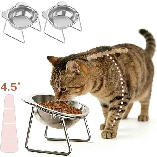 Cat Bowls Tilted Neck Guard Cat Food Bowl Indoor Stainless Steel Shatter Resistant Elevated 15° Pet Bowl For Kitten Puppy