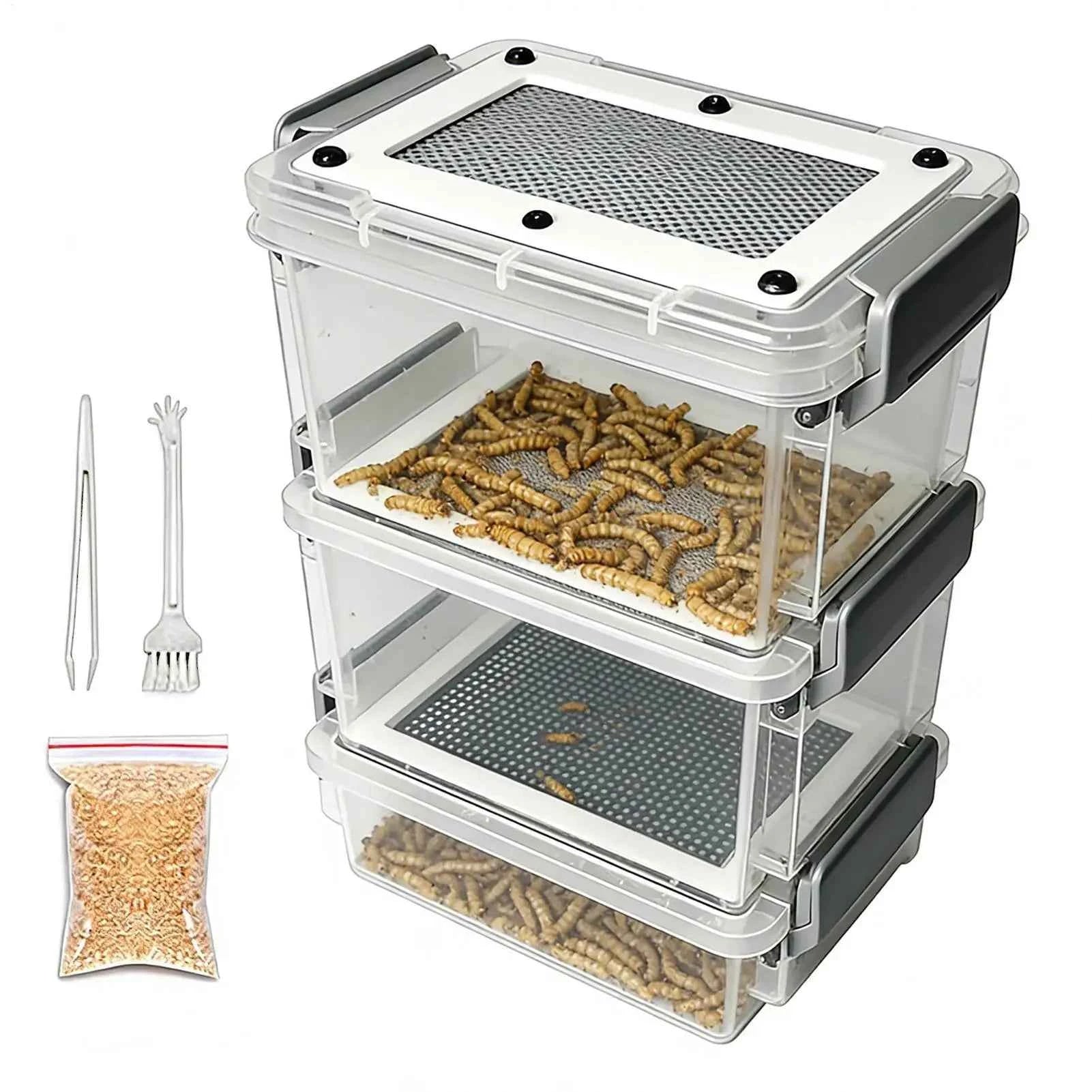 Mealworm Breeding Kit 3-Layer Silkworm Feeder Bin Corn Worm Breeder Box for Pet Parents Animal Lovers Keepers Breeders Hobbyists