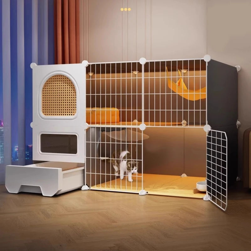 Large Cat Cages with Bed & Litter Box Indoor Multi-Level Cat House Spacious 3-in-1 Pet Villa Roomy Playpen with Resting Area - Play Paws Toys
