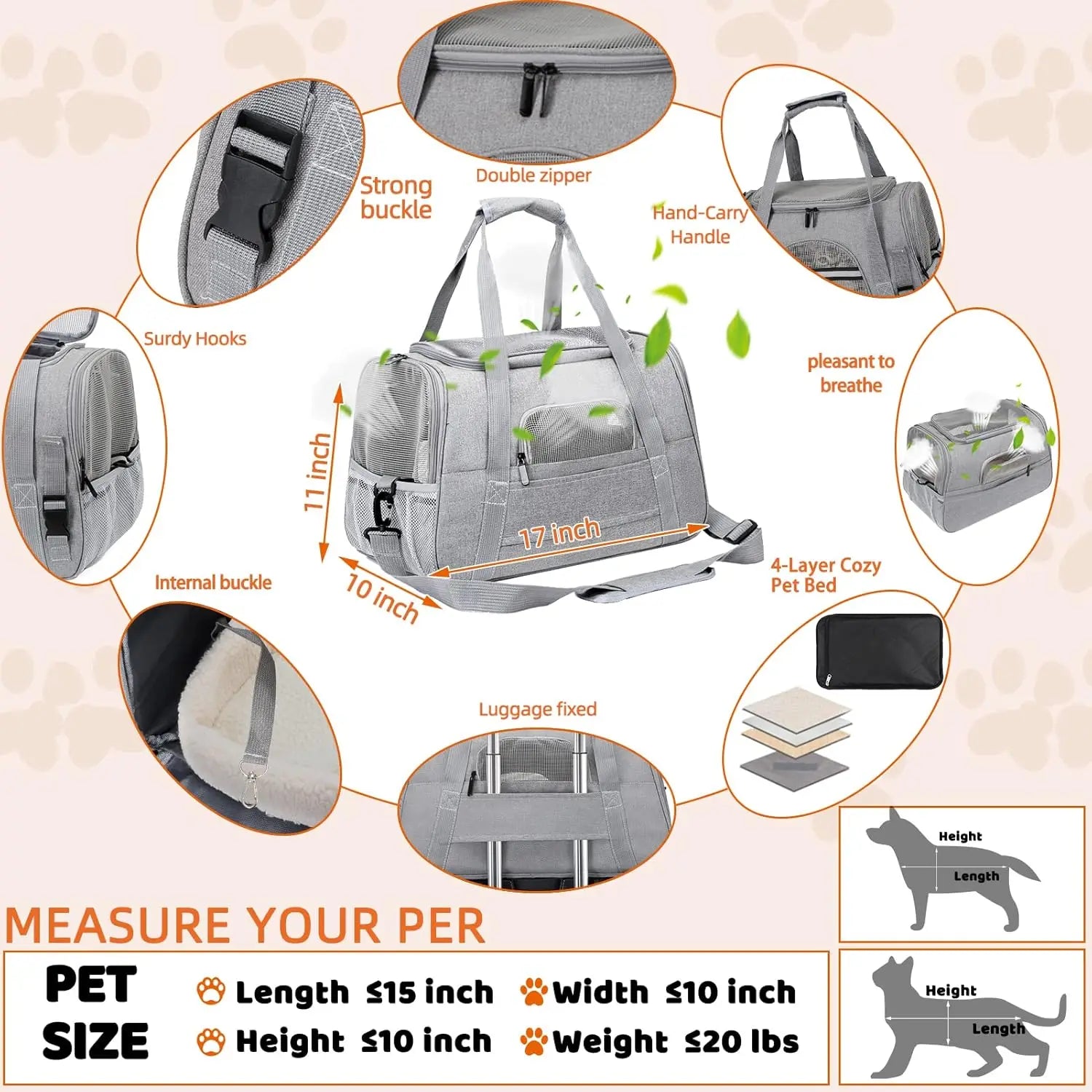 Pet Carrier Bag Airline Approved Up for Cats and Dogs Up to 20LBs, Soft Cat Carrier Dog Carrier Travel Kitten Carrier with Mat - Play Paws Toys
