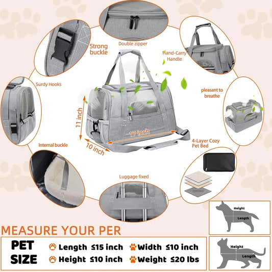 Pet Carrier Bag Airline Approved Up for Cats and Dogs Up to 20LBs, Soft Cat Carrier Dog Carrier Travel Kitten Carrier with Mat - Play Paws Toys