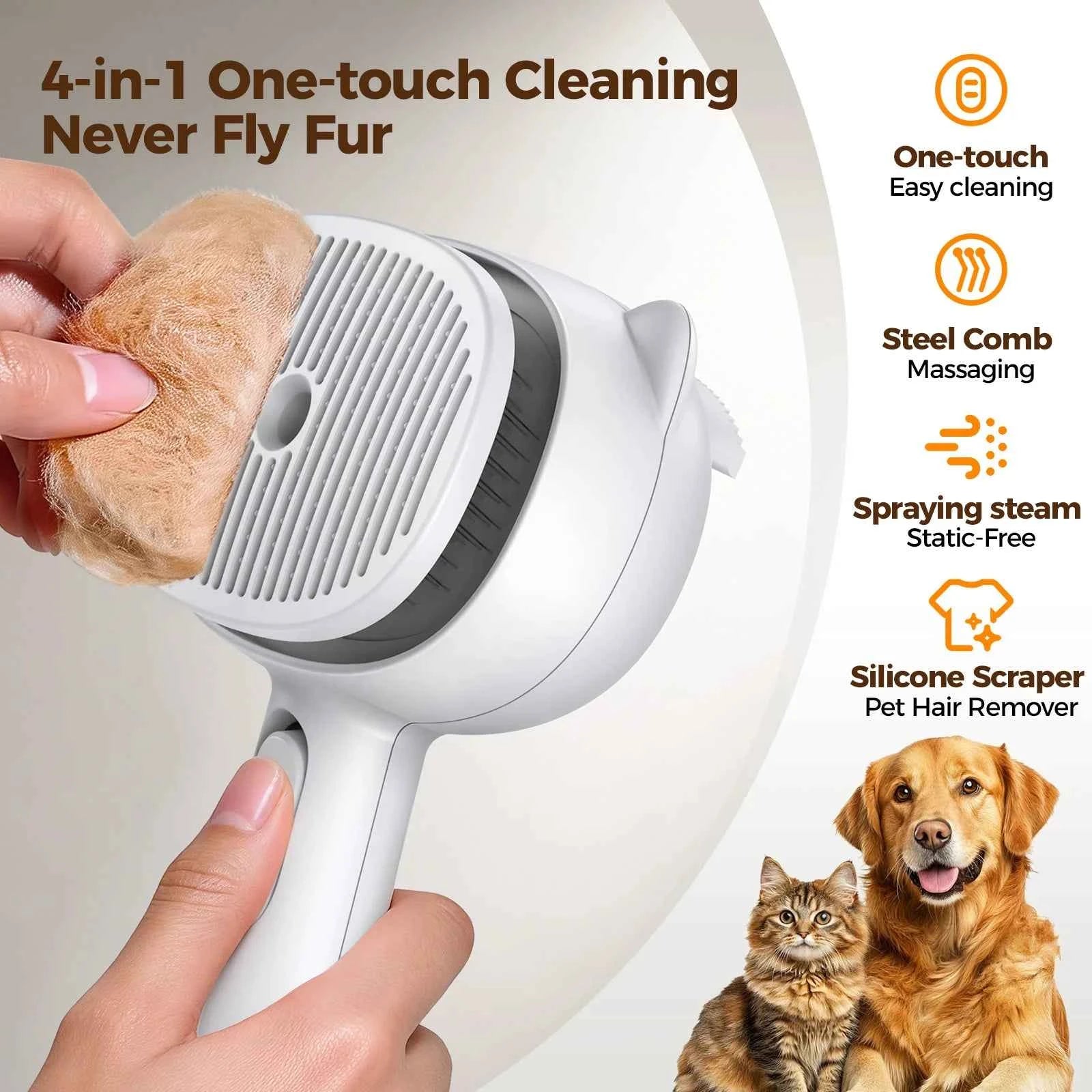 Self Cleaning Shedding Steam Cat Brush, Silicone Scraper Included Dog Brush, primecat, Cat Brushes for Shedding, USB Rechargeable, for Grooming & Haired Pets, Dogs & Cats, White