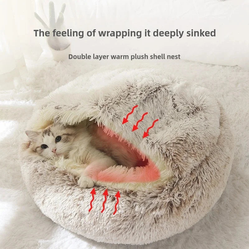 Autumn and Winter soft plush pet bed and pet bed Winter warm and cold plush comforter nest Shell cat nest semi-enclosed cat nest - Play Paws Toys