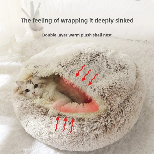 Autumn and Winter soft plush pet bed and pet bed Winter warm and cold plush comforter nest Shell cat nest semi-enclosed cat nest - Play Paws Toys