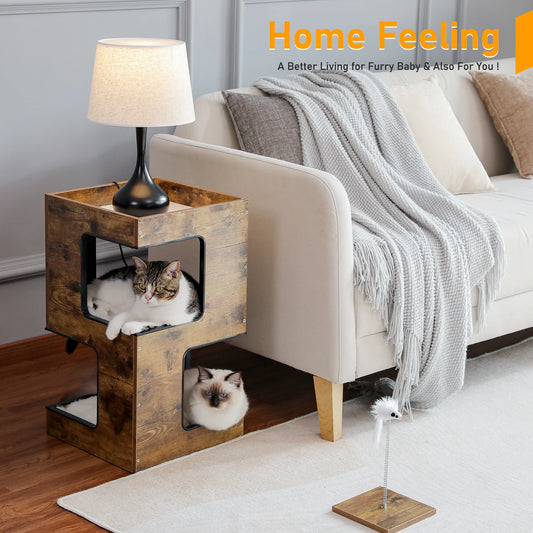 Wood Cat Condo House Bed with Removable Soft Mats Modern Cat Tree Tower with Scratching Pad Cat Scratcher Furniture Kitten Toys - Play Paws Toys