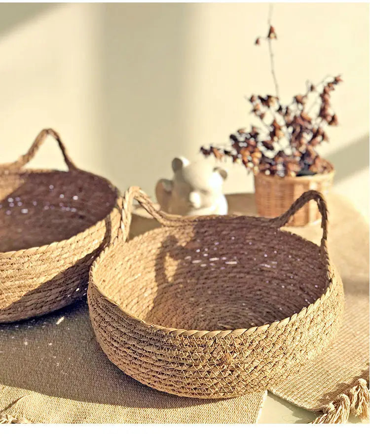 OUZEY Rattan Weaving Cat Basket Pet Cat Bed With Cushion Soft Warm Puppy Kitten Bed Donut Round Comfortable Sleeping Cat House - Play Paws Toys