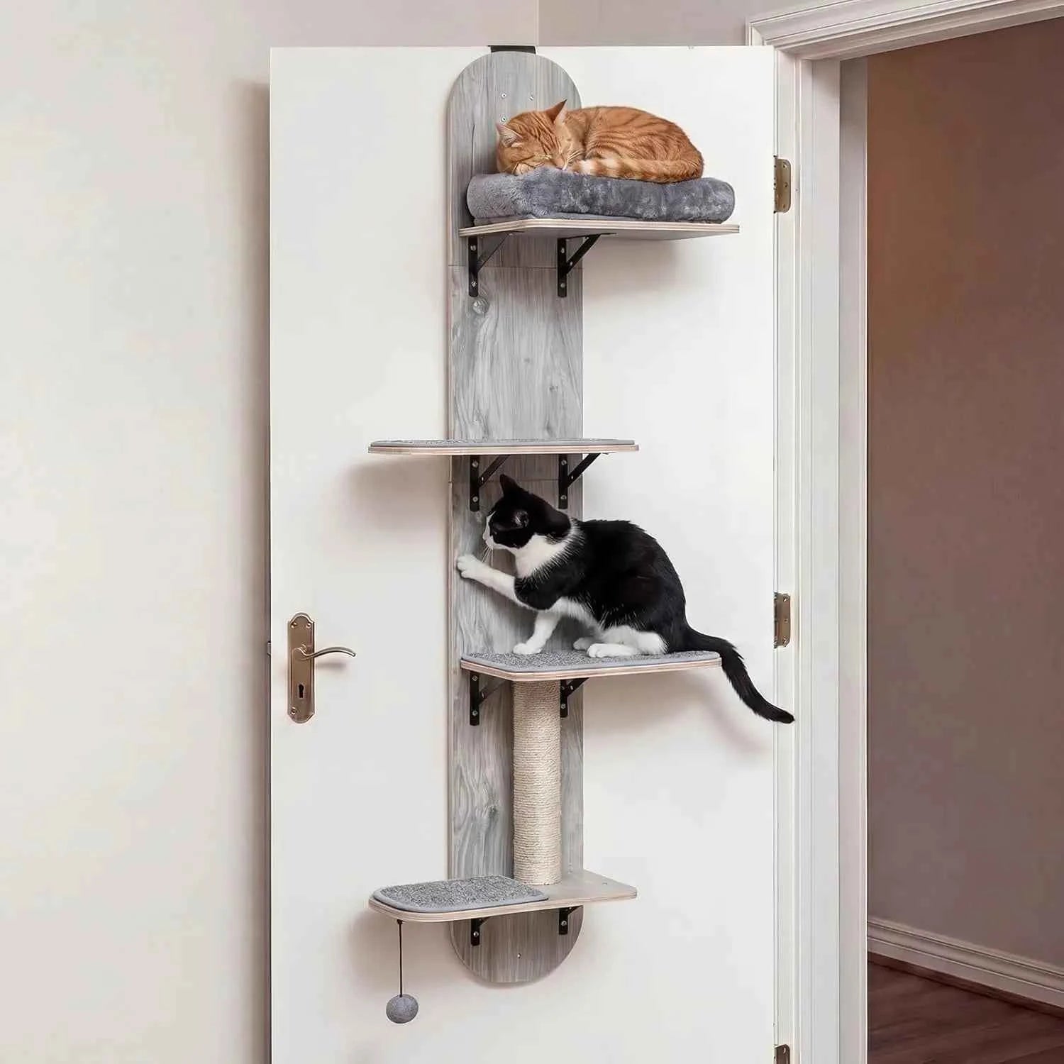 Door Mounted Cat Tree, 58.5-61.5 Inches Height Adjustable Hanging Cat Climber with Scratching Post, Detachable, Customized