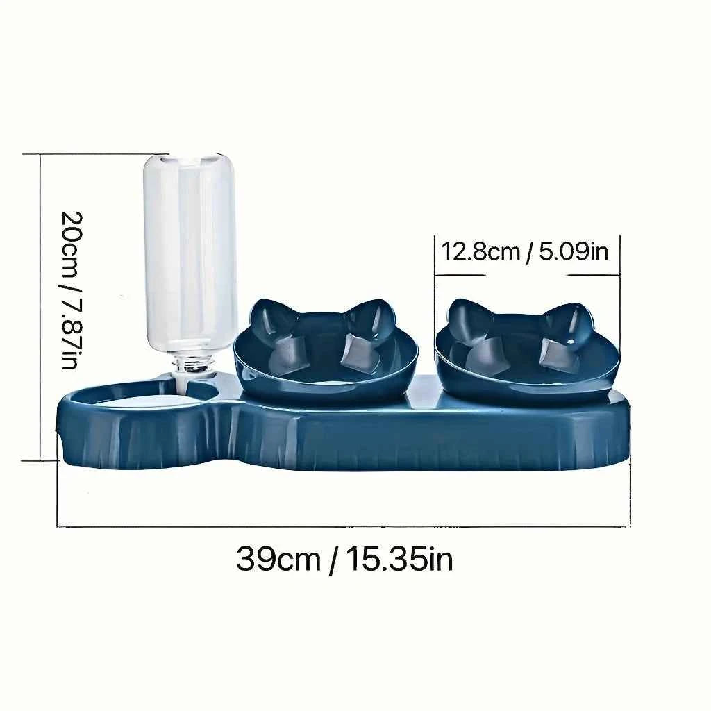 Pet Bowls With Water Feeder, 3 In 1 Ear Design Tilted Cat Water And Food Bowl Set With Gravity Water Bottle For Neck Protection
