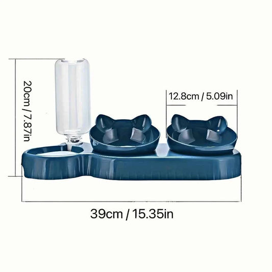 Pet Bowls With Water Feeder, 3 In 1 Ear Design Tilted Cat Water And Food Bowl Set With Gravity Water Bottle For Neck Protection