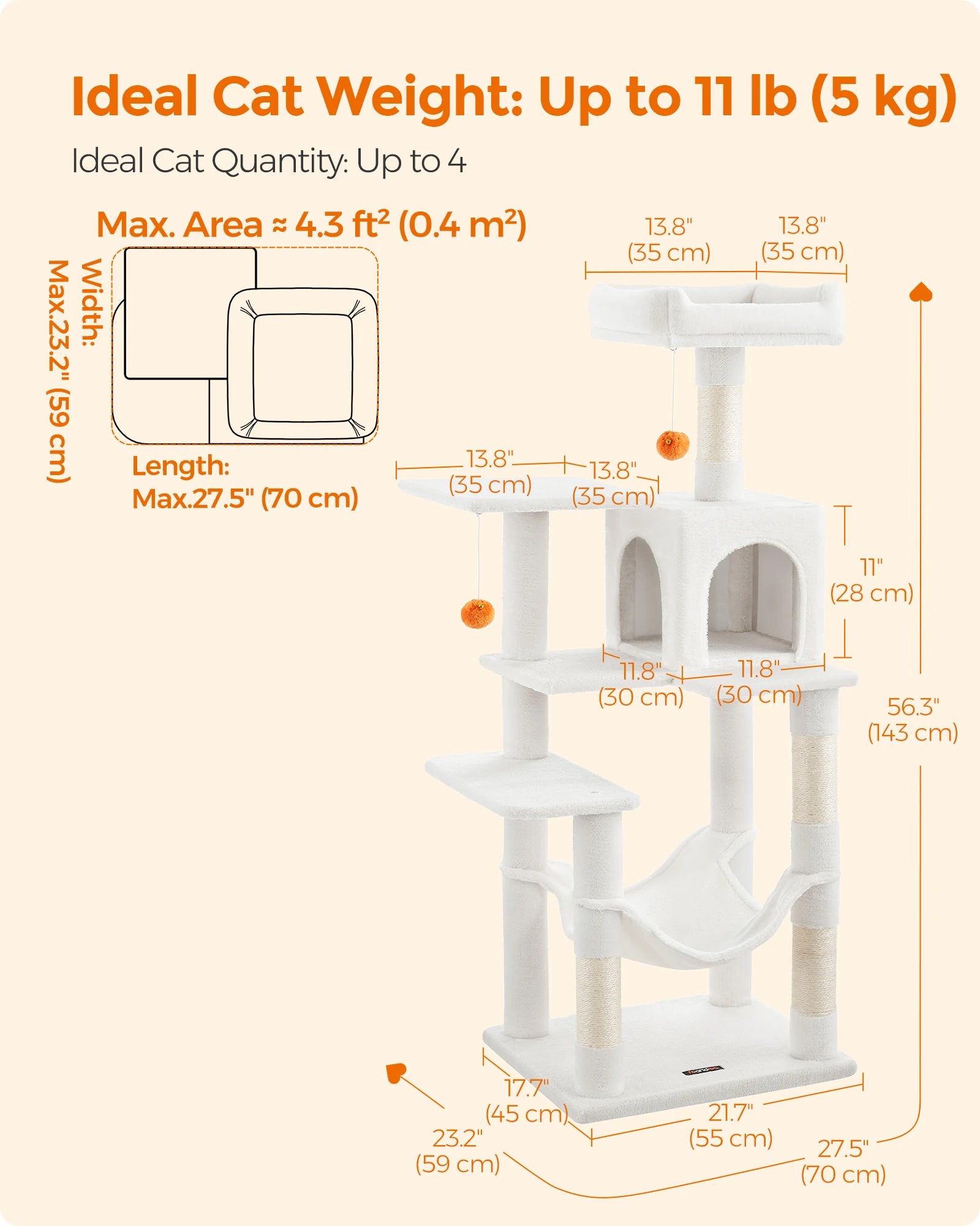 Feandrea Cat Tree, 55.1-Inch Cat Tower, Plush Multi-Level Condo with 4 Scratching Posts, 2 Perches, Hammock, Cave
