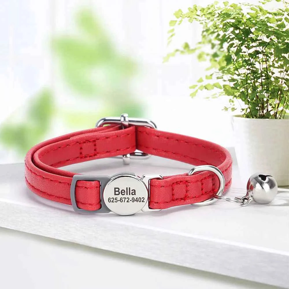 Custom Cat Collar Personalized PU Leather Kitten Puppy Collars Free Engraved ID Nameplate Necklace With Bell for cat Anti-lost