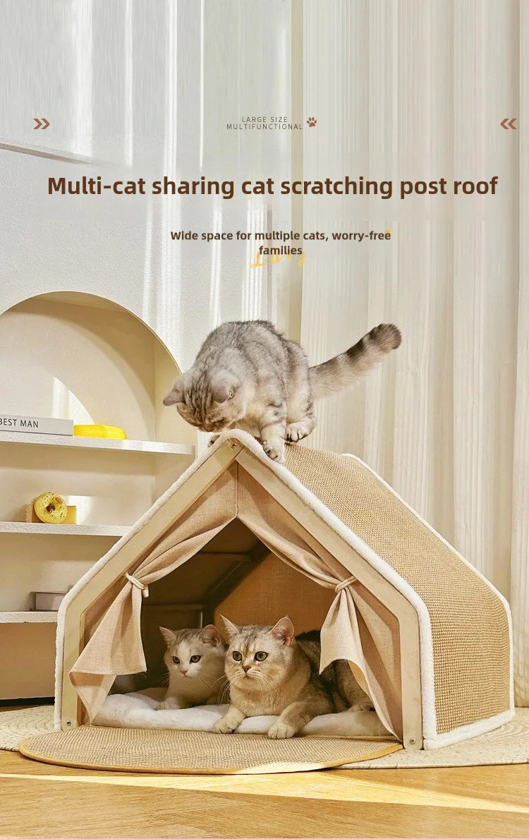 Cat nest Winter warm cat villa Cat house shell semi-enclosed sleeping bag cat scratching board does not drop scraps sisal cat te - Play Paws Toys