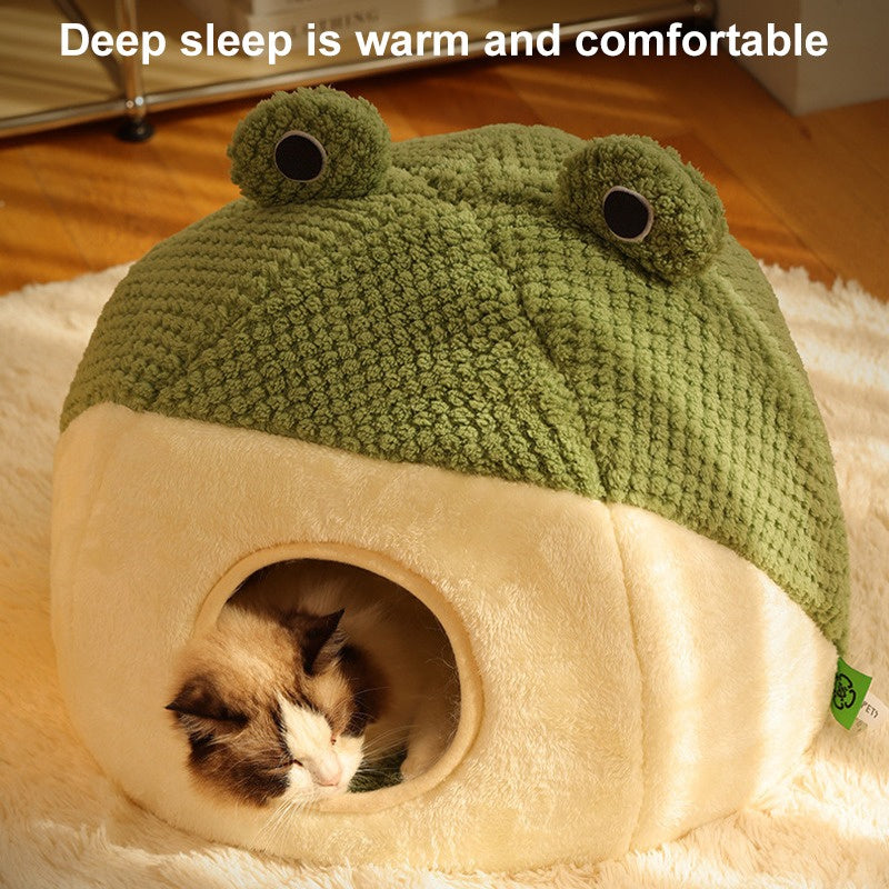 New Pet Nest Winter Warm Dog Den Cat Villa Plush Pets Mattress Small Frog Shape Semi Enclosed Kitten Puppy House Pet Supplies - Play Paws Toys
