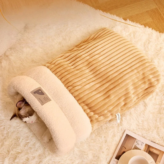 Warming Plush Cat Sleeping Bag: Enclosed Snuggle Sack with Burrow Entry for Winter - Cozy Fuzz Sleeping Bag for Anxious Cats - Play Paws Toys