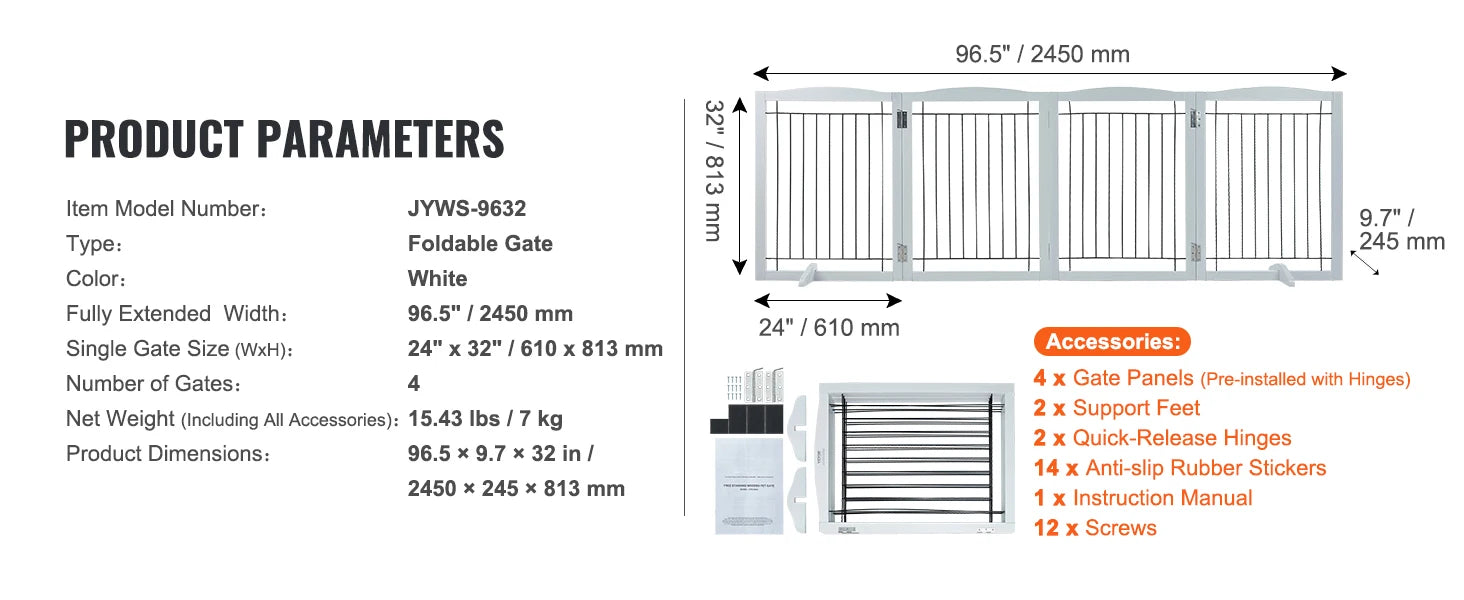 SucceBuy Free Standing Dog Gate Freestanding Pet Gate 3 Panels Foldable Dog Gate for Narrow Passageways Expandable Dog Barrier