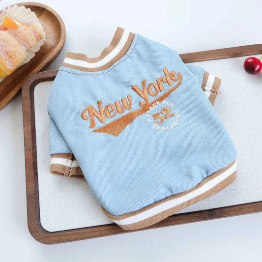 Pet Dog Dog Cat Clothes New York Denim Baseball Shirt Handsome Spring Blue Sports Style Pullover Suitable for Small