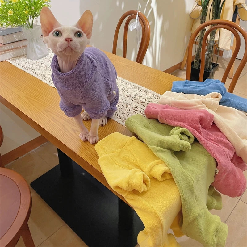 Fleece Coat for Sphynx Cat Warm Sweatshirt 4-legged Jumpsuit for Kittens Dogs soft Loungewear for Male Cat Devon Rex Sweater - Play Paws Toys