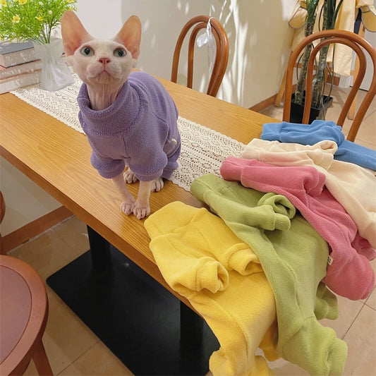 Fleece Coat for Sphynx Cat Warm Sweatshirt 4-legged Jumpsuit for Kittens Dogs soft Loungewear for Male Cat Devon Rex Sweater - Play Paws Toys