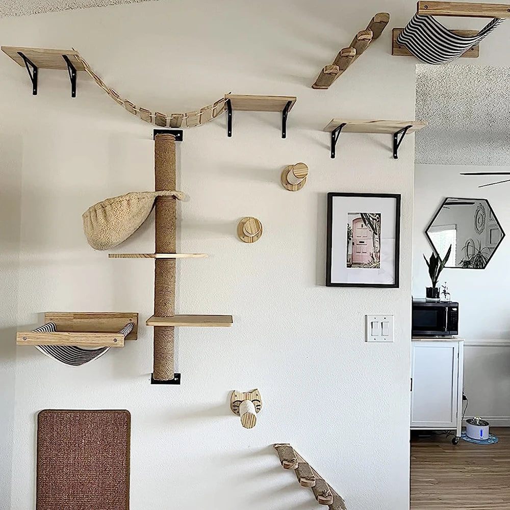 Cat Wall Climbing Shelf Steps Ladder Scratching Post Scratcher Bed Hiding House for Cats Tree Tower Pet Furniture Accessories - Play Paws Toys
