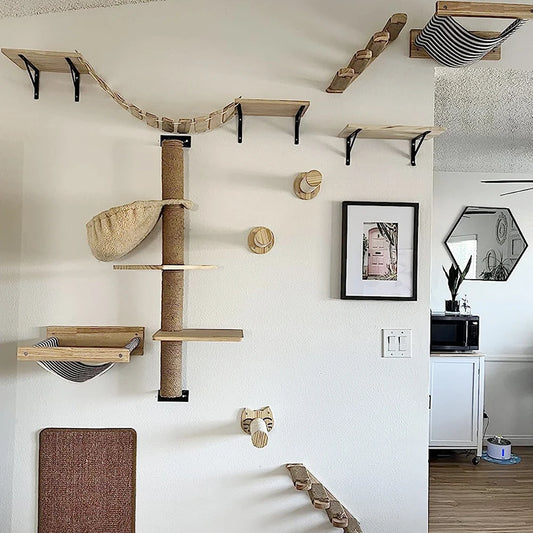 Cat Wall Climbing Shelf Steps Ladder Scratching Post Scratcher Bed Hiding House for Cats Tree Tower Pet Furniture Accessories - Play Paws Toys
