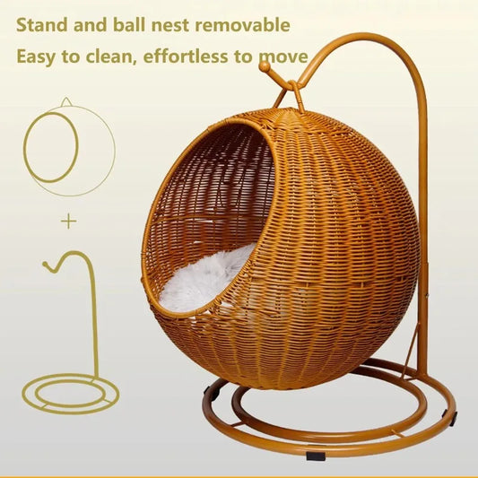 Semi-enclosed Pet Hammock Hanging Cat Nest Round Rattan Cat Cage Cat Bed with Plush Cushion Pet Cradle Bed Cat Accessories - Play Paws Toys