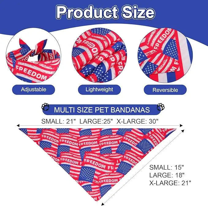 4th of July Dog Bandanas XLarge 2PCS, 4 Pattern American Flag Patriotic Scarf for Boy and Girl, Durable Triangle Reversible USA Bibs for Puppy Pet