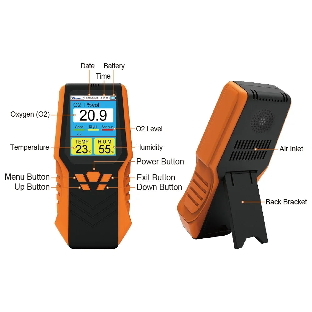 Portable Handheld O2 Detector, 0-30%Vol Oxygen Gas Monitor with 1.5s Fast Response, Temp & Humidity Tester, 14H Long Working
