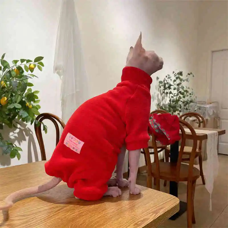 Fleece Coat for Sphynx Cat Warm Sweatshirt 4-legged Jumpsuit for Kittens Dogs soft Loungewear for Male Cat Devon Rex Sweater - Play Paws Toys