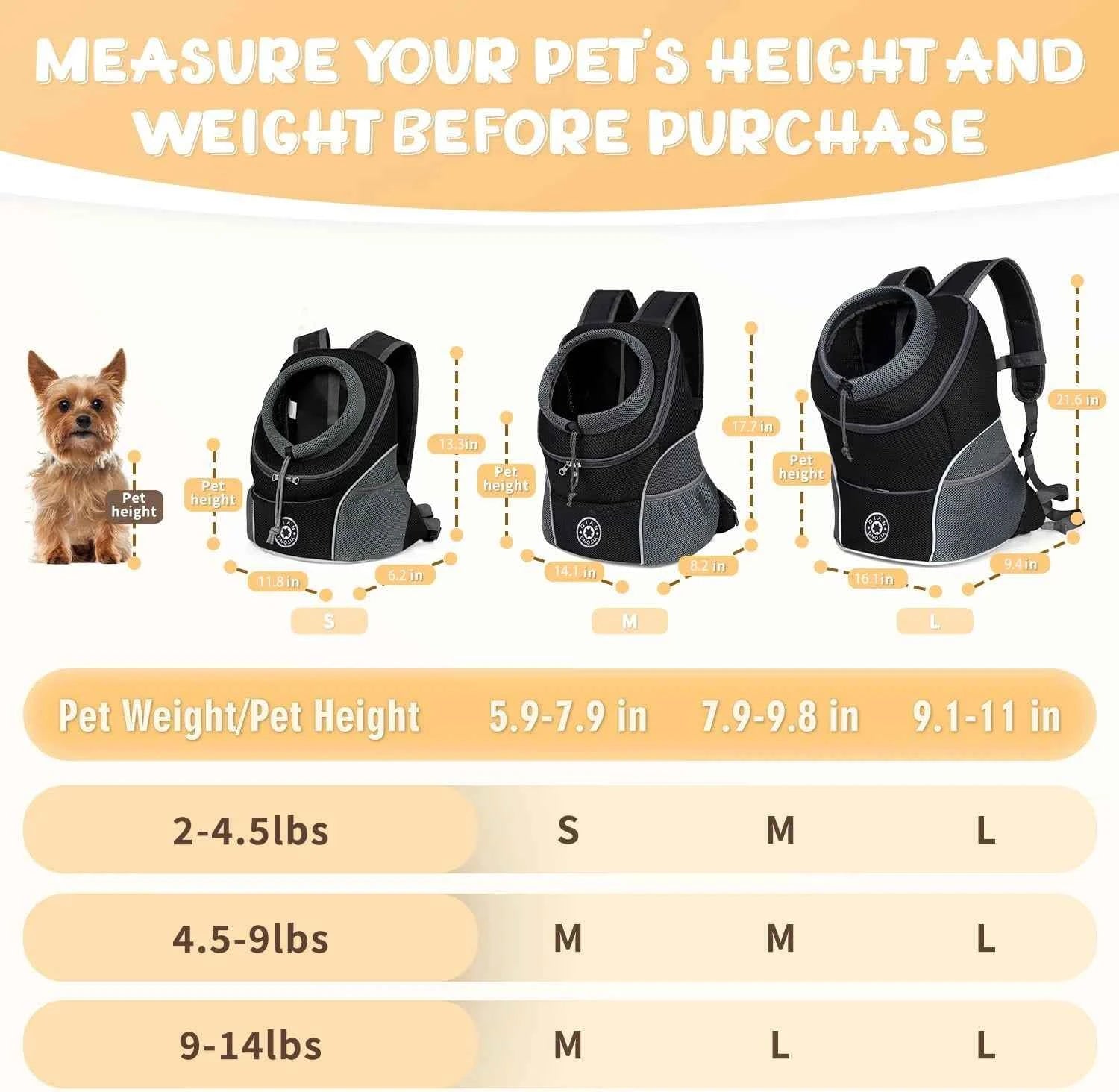 Pet Backpack Carrier for Small Dogs & Cats - Front-Folded Travel Backpack with Ventilation Mesh & Harness-Like Zipper Lock