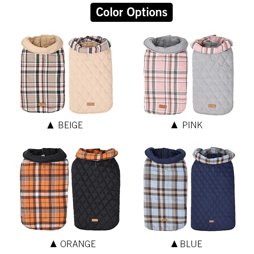 Reversible Dog Jacket Winter Dog Clothes Waterproof Checked Soft Quilted Coat for Small Large Dogs Warm Pet Vest French Bulldog