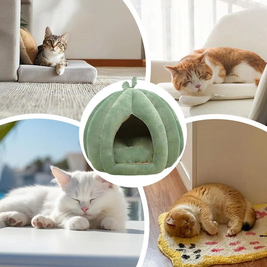 Thickened Halloween Pet Bed Enclosed Cat Nest Warm Cat Bed Pumpkin Shape Pet Sleeping House for Cats Washable Cat Sleeping Bed - Play Paws Toys