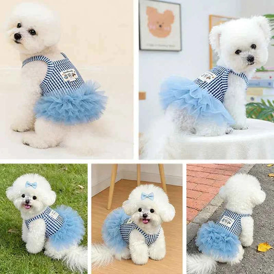Blue Striped Dog Princess Dress, Summer Breathable Pet Tulle Skirt for Small Dogs Girls, Cute Puppy Clothes for Bichon Chihuahua