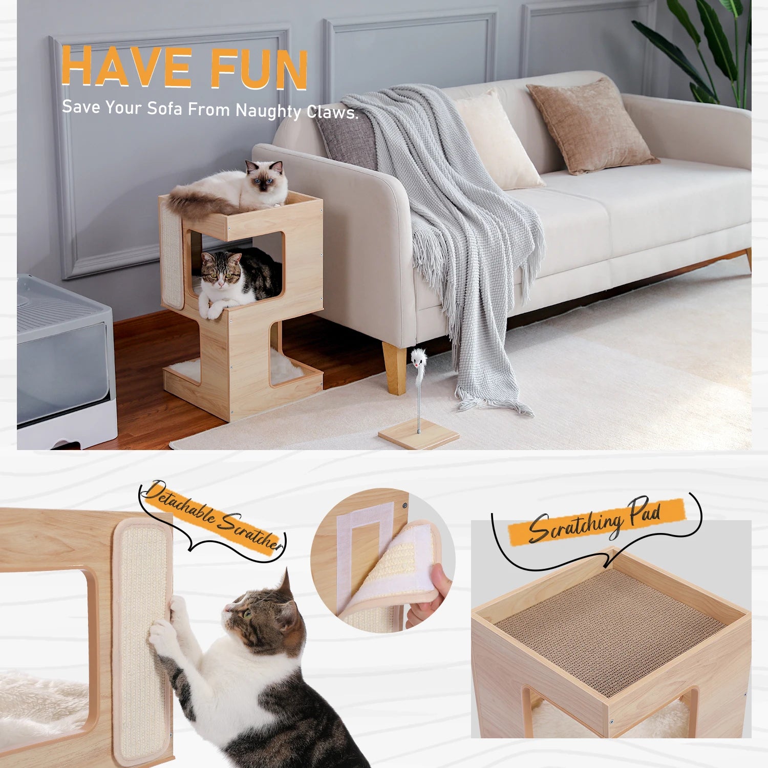 Wood Cat Condo House Bed with Removable Soft Mats Modern Cat Tree Tower with Scratching Pad Cat Scratcher Furniture Kitten Toys - Play Paws Toys