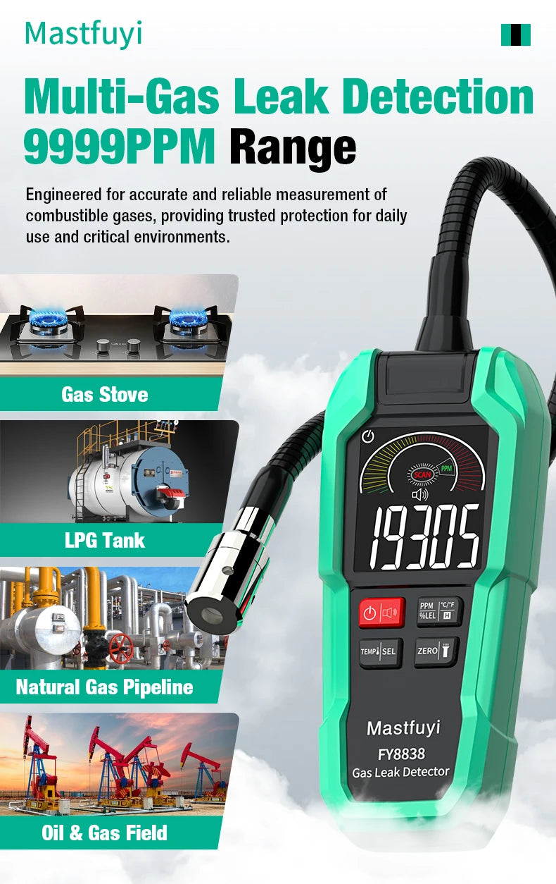 MASTFUYI FY8838 Professional Gas Leak Detector 0-9999PPM - Portable Combustible Gas Sniffer for Methane LNG Audio Visual Alarm