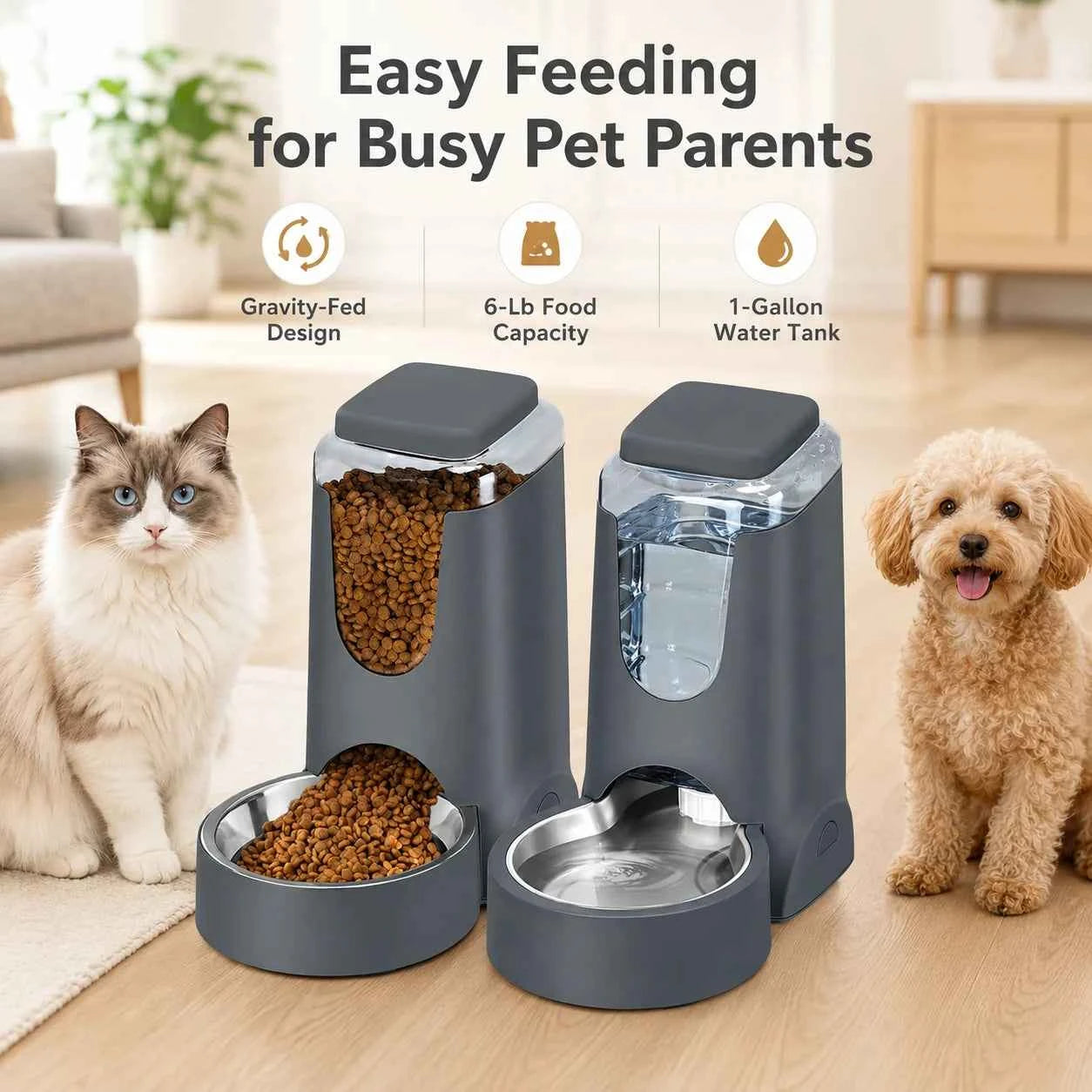 Automatic Pet Feeder Water Dispenser Set, Gravity Food and Water Station, Stainless Steel Bowl for Cats and Small Dogs，3.8L*2
