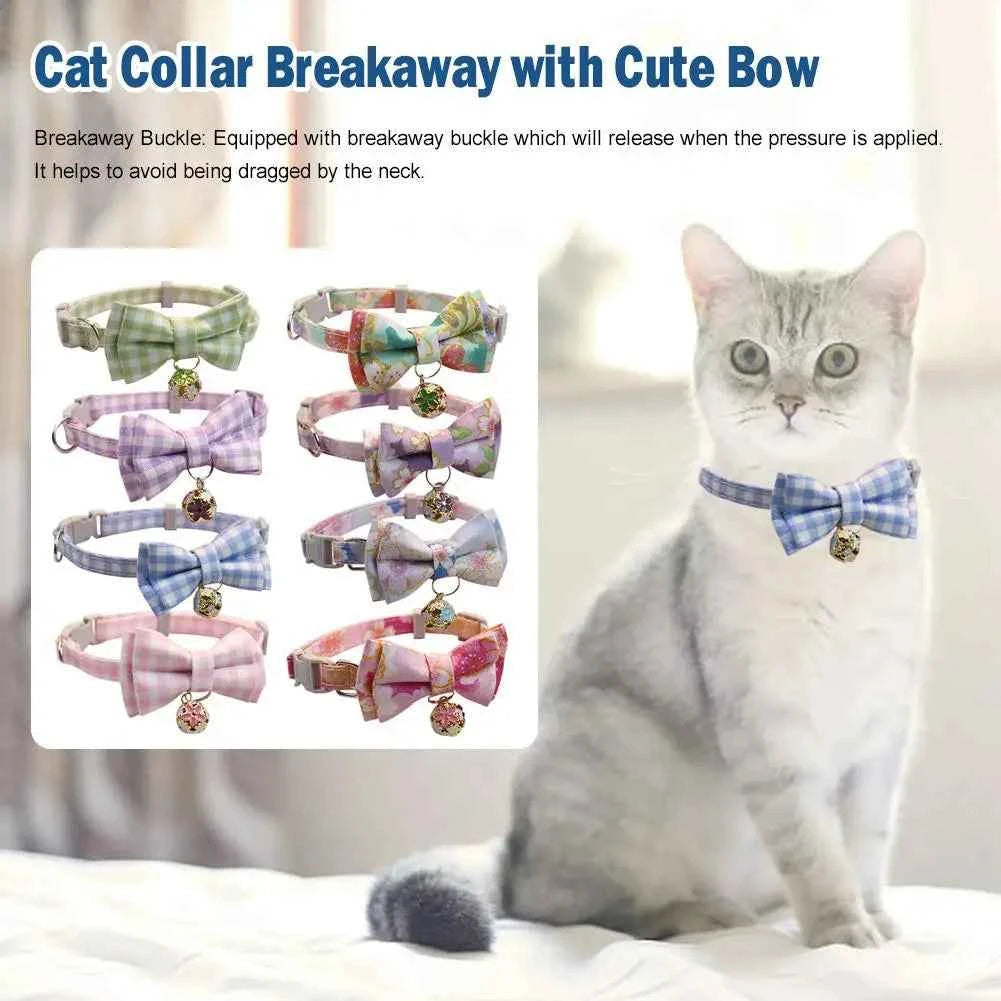 Lattice Bow Pet Cat Collar With Bell Adjustable Pet Collar Bownot Safety Necklace for Puppy Kitten Cat Cute Pattern Pet Supplies