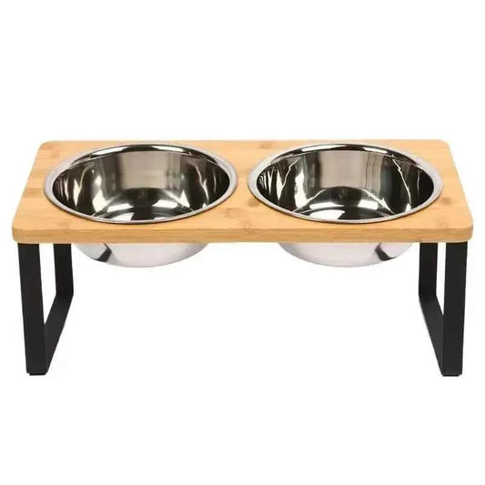 Elevated Cat Bowls 15° Tilted Raised Cat Food Bowls with Wooden Stand Anti Vomiting 2 Stainless Steel Bowls for Cats and Pupp
