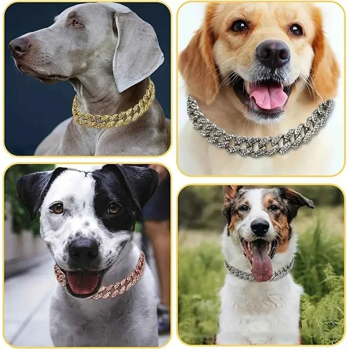 New Style Pet Collar Necklace Cat Dog Full Diamond Cuban Chains Dog Chains Lock Buckle Gold Silver Rose Gold Pet Supplies