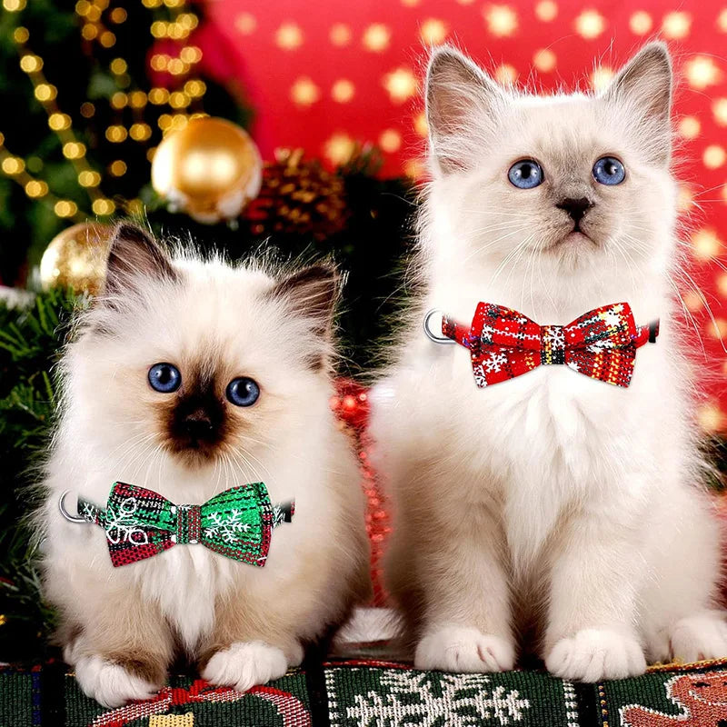 Pet Breakaway Cat Collar Bow Tie And Bell Cute Plaid Christmas Red Elastic Adjustable Dog Collar With Sash Small Bell For Cats