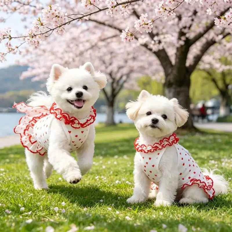 Princess Dog Dress Red Heart Floral Ruffle Skirt Sleeveless Pet Clothes Cute Puppy Cat Apparel For Summer Walking Party