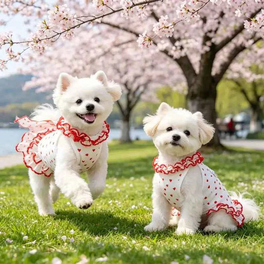 Princess Dog Dress Red Heart Floral Ruffle Skirt Sleeveless Pet Clothes Cute Puppy Cat Apparel For Summer Walking Party