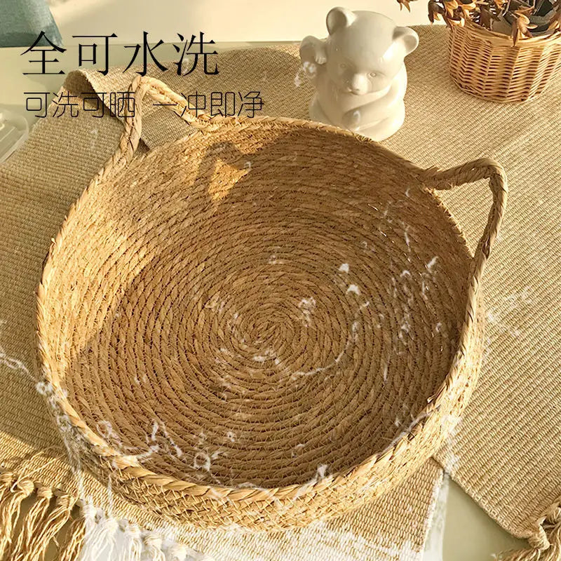 OUZEY Rattan Weaving Cat Basket Pet Cat Bed With Cushion Soft Warm Puppy Kitten Bed Donut Round Comfortable Sleeping Cat House - Play Paws Toys