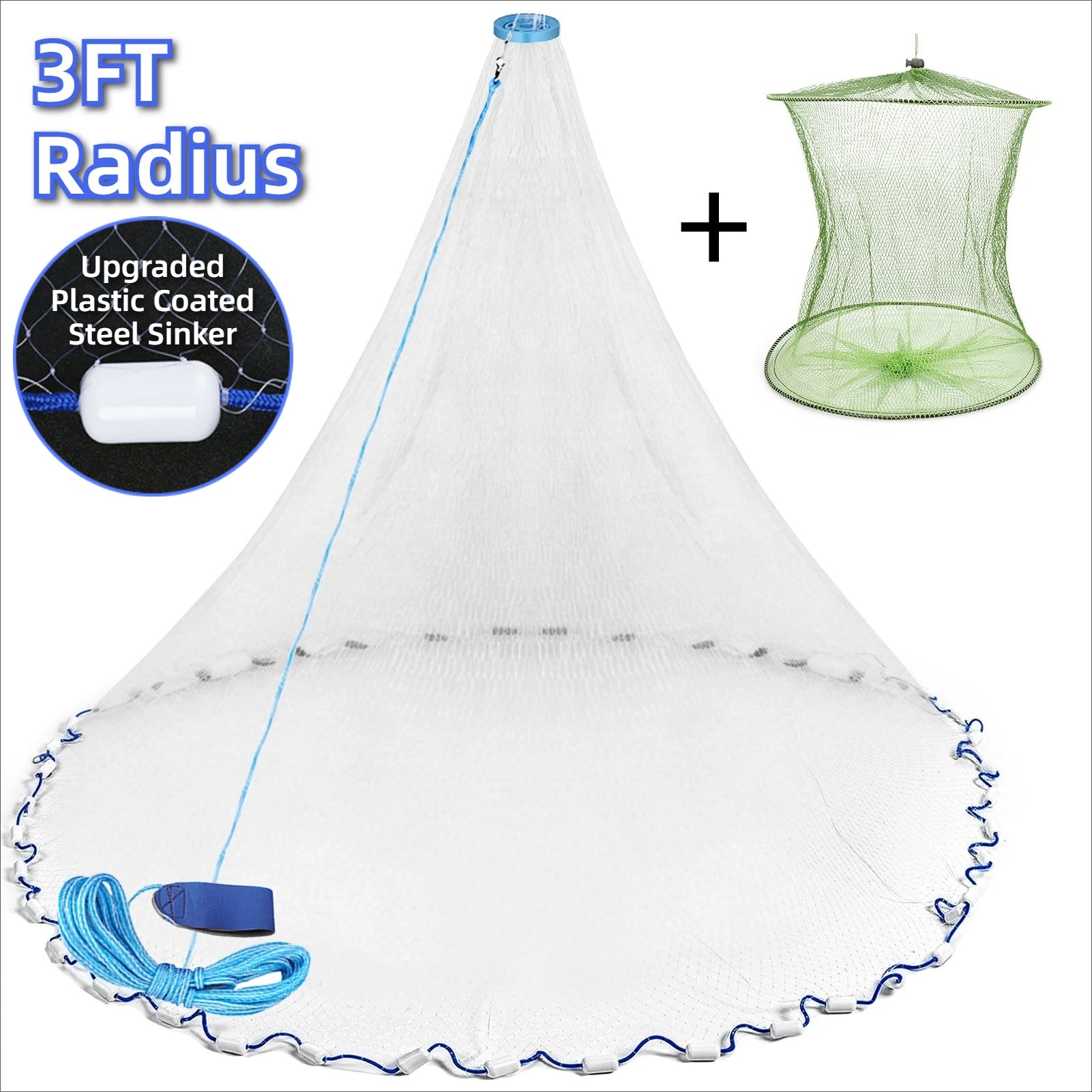 American Saltwater Fishing Cast Net for Bait Trap Fish 3/4/5/6/7/8/9/10ft Radius Casting Nets with Heavy Duty Zinc Sinker Weight