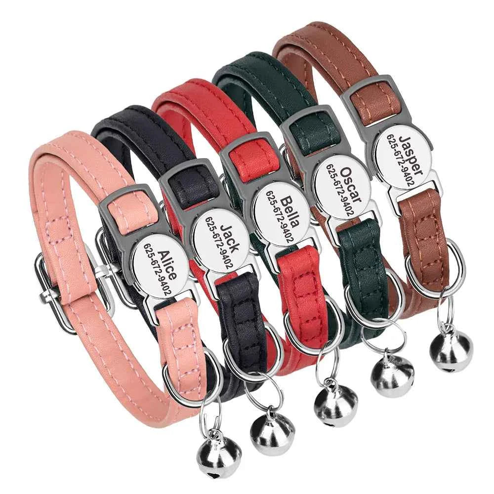 Custom Cat Collar Personalized PU Leather Kitten Puppy Collars Free Engraved ID Nameplate Necklace With Bell for cat Anti-lost