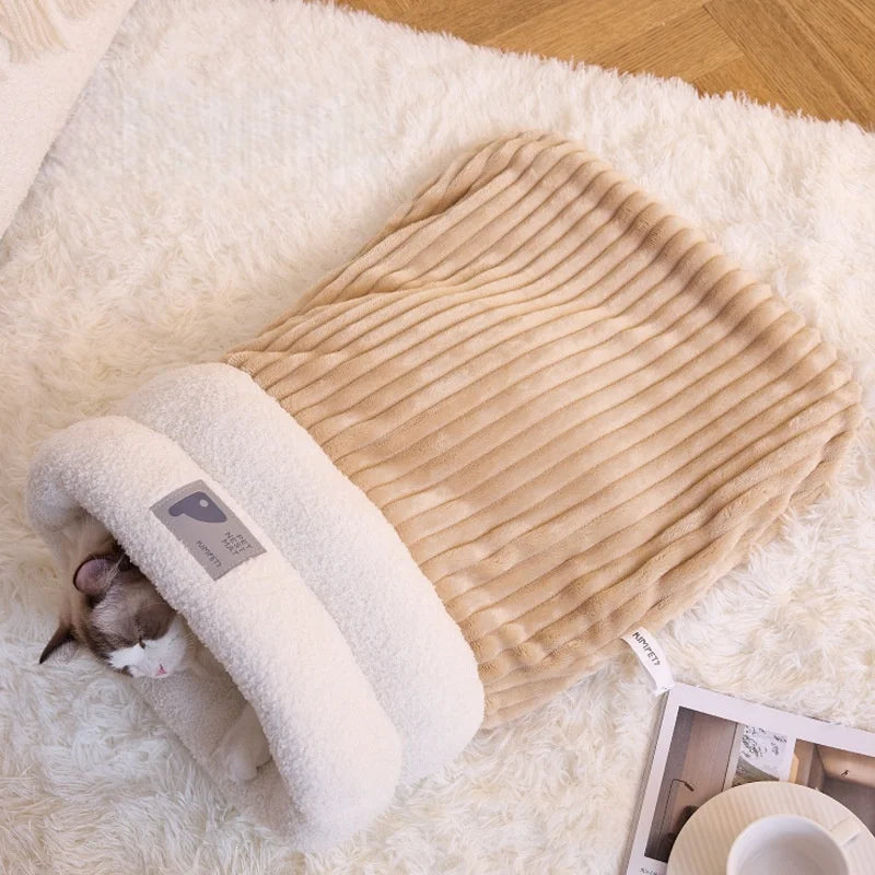 Warming Plush Cat Sleeping Bag: Enclosed Snuggle Sack with Burrow Entry for Winter - Cozy Fuzz Sleeping Bag for Anxious Cats - Play Paws Toys