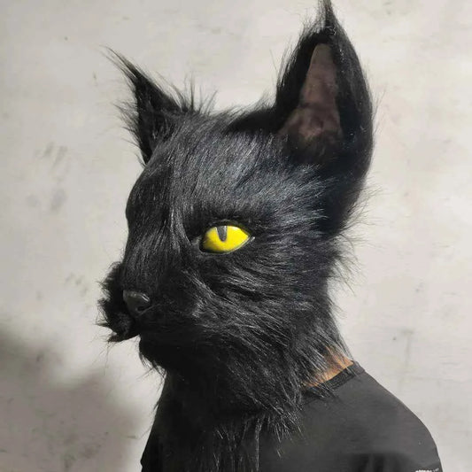 Latex with Fur Black Cat Cosplay Mask Scary Helmet Animal Funny Costume Hood Hair Mask Headwear Adult Halloween Party Props